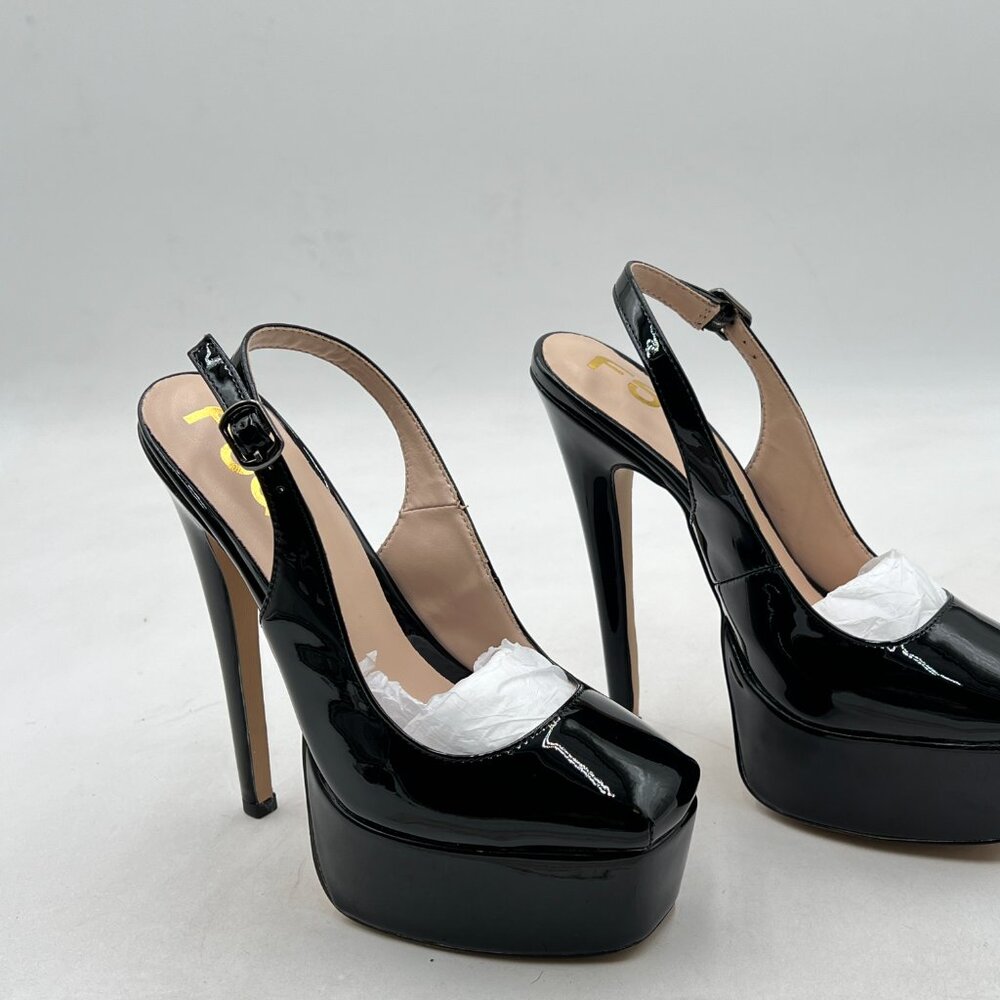 FSJ Black Square Toe Platform High Heel Slingback Pumps Sandals Shopping Shoes - Picture 3 of 7